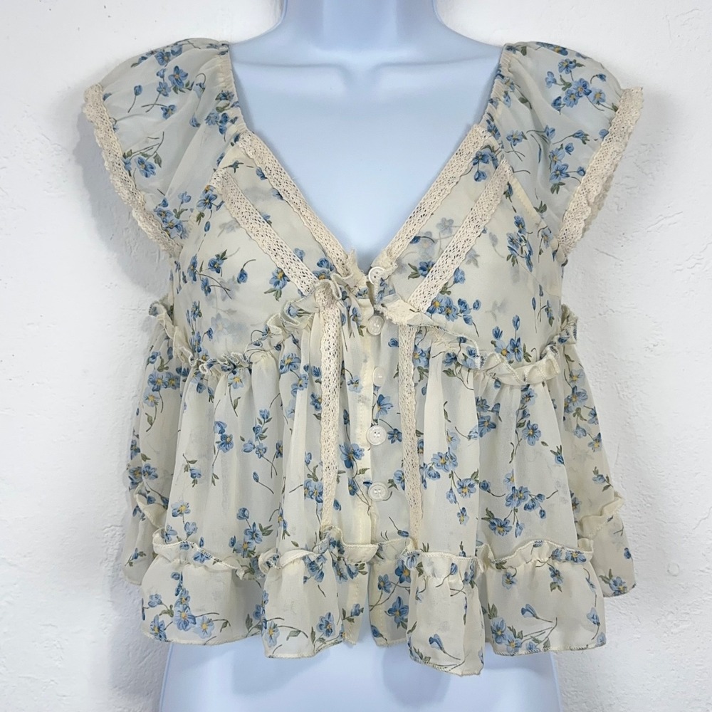Coquette Romantic Cottagecore Peplum Top Sz XS Floral Lace Ruffle Cropped Flowy